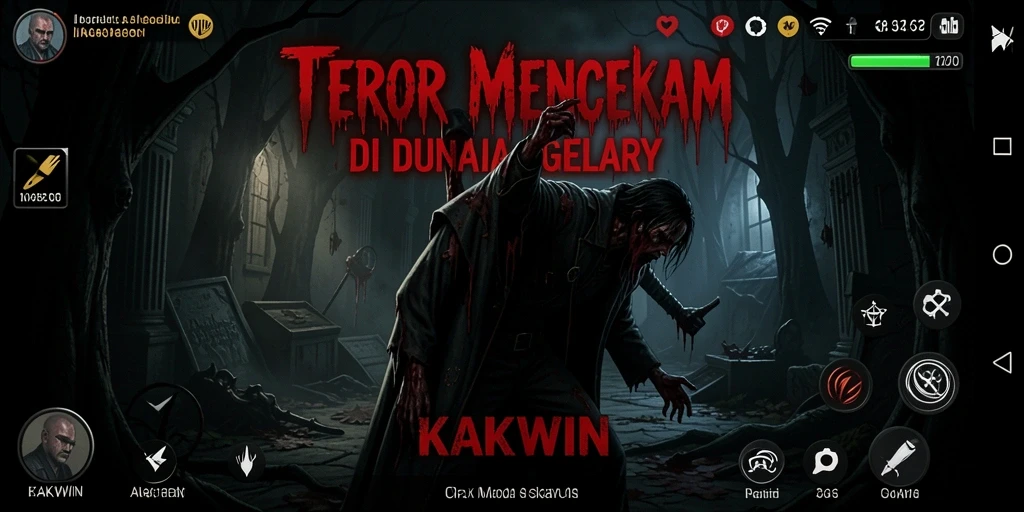 Screenshot gameplay KAKWIN menunjukkan atmosfer menyeramkan dan karakter mengerikan.