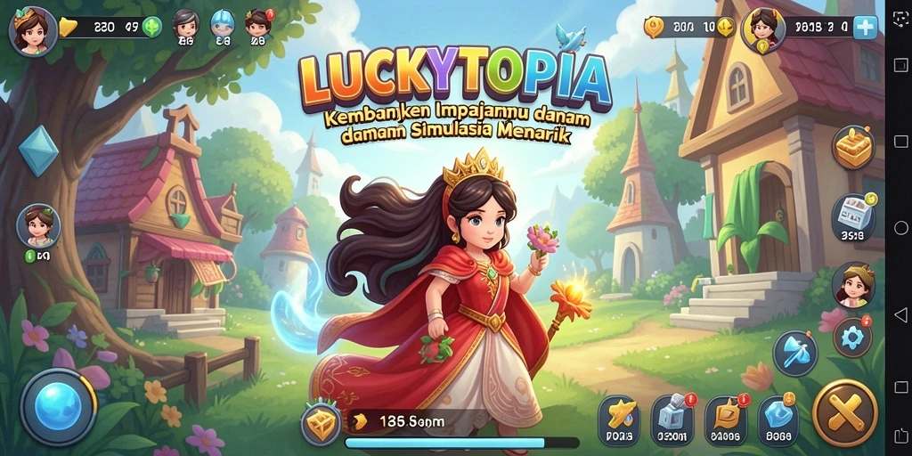 Screenshot LUCKYTOPIA menampilkan gameplay simulasi yang menarik dan interaktif.