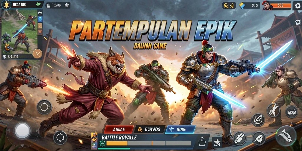 Screenshot MEGA188 menampilkan gameplay intens dalam pertempuran Battle Royale.