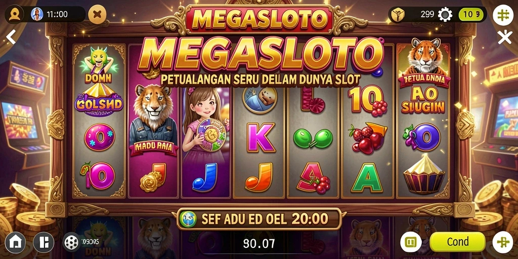 Tampilan gameplay MEGASLOTO yang penuh warna dan mendebarkan.