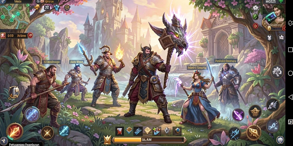Screenshot MG525 menunjukkan pertarungan epik dalam dunia fantasi.
