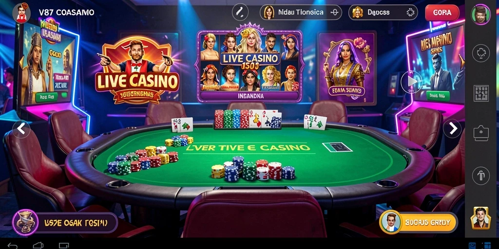 Tampilan gameplay langsung V87 dengan dealer profesional dan interaksi nyata.